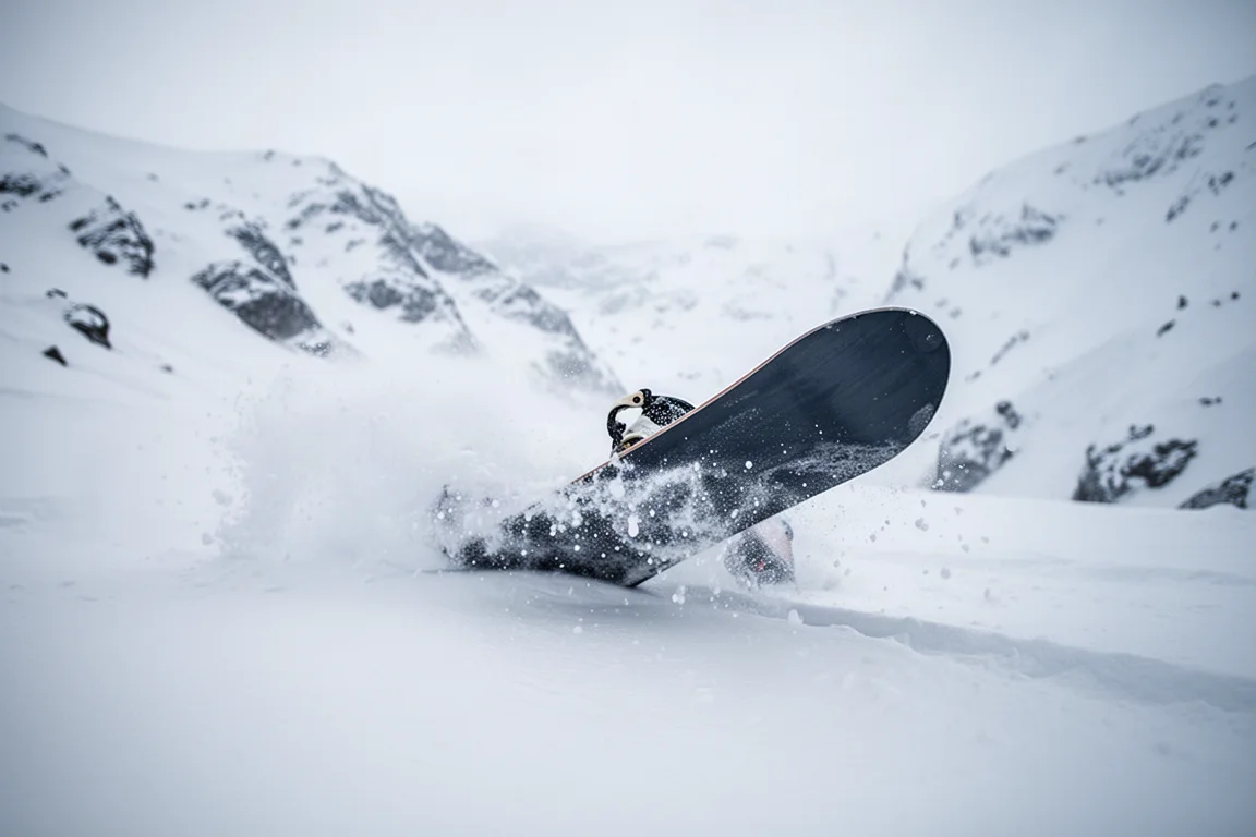 Snowboard-Heck versinkt im tiefen Pulverschnee, während die Nose auftaucht