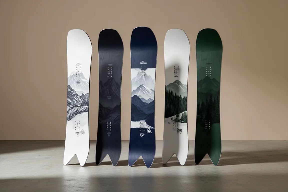 Fünf Swallowtail-Snowboards stehen aufrecht auf einer Betonfläche