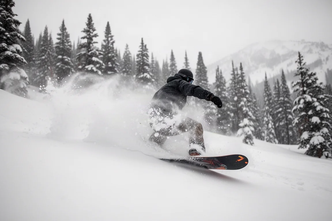Snowboarder fährt durch tiefen Pulverschnee, hinter ihm eine Fontäne aus Schnee