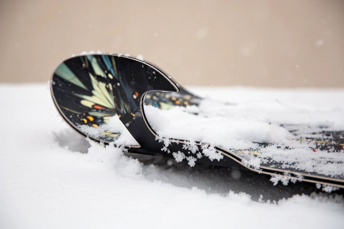 Nahaufnahme der Swallowtail-Aussparung am Heck eines Powder-Snowboards im Schnee