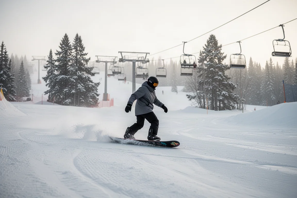 Snowboard quert zwischen Powderfeldern eine präparierte Piste