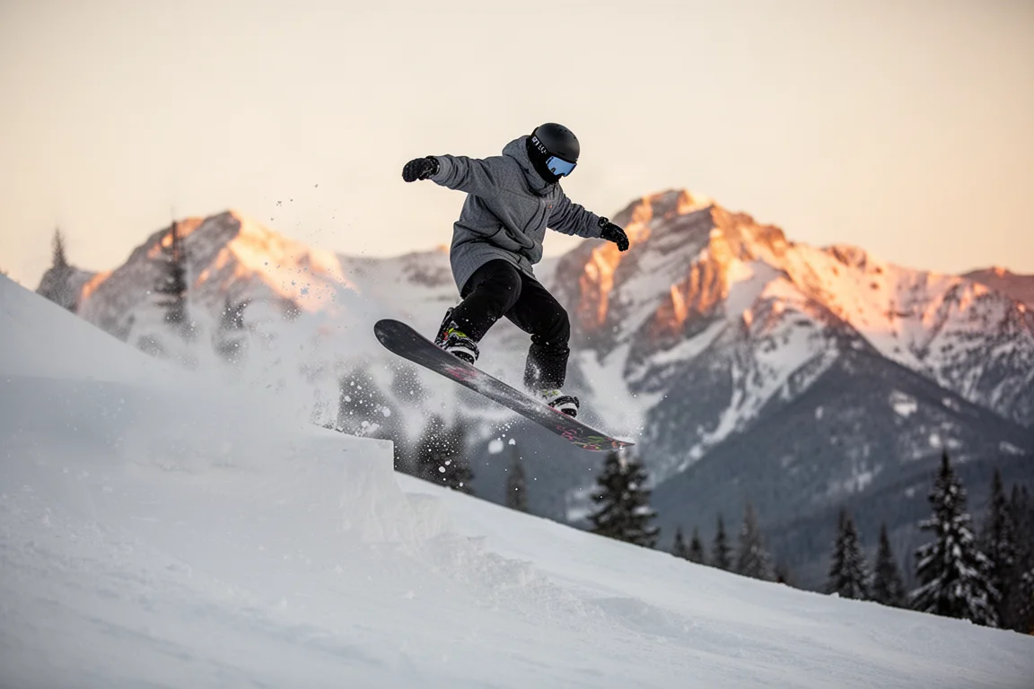 Fahrer springt bei Nachmittagslicht einen Sidehit an einem Powderhang