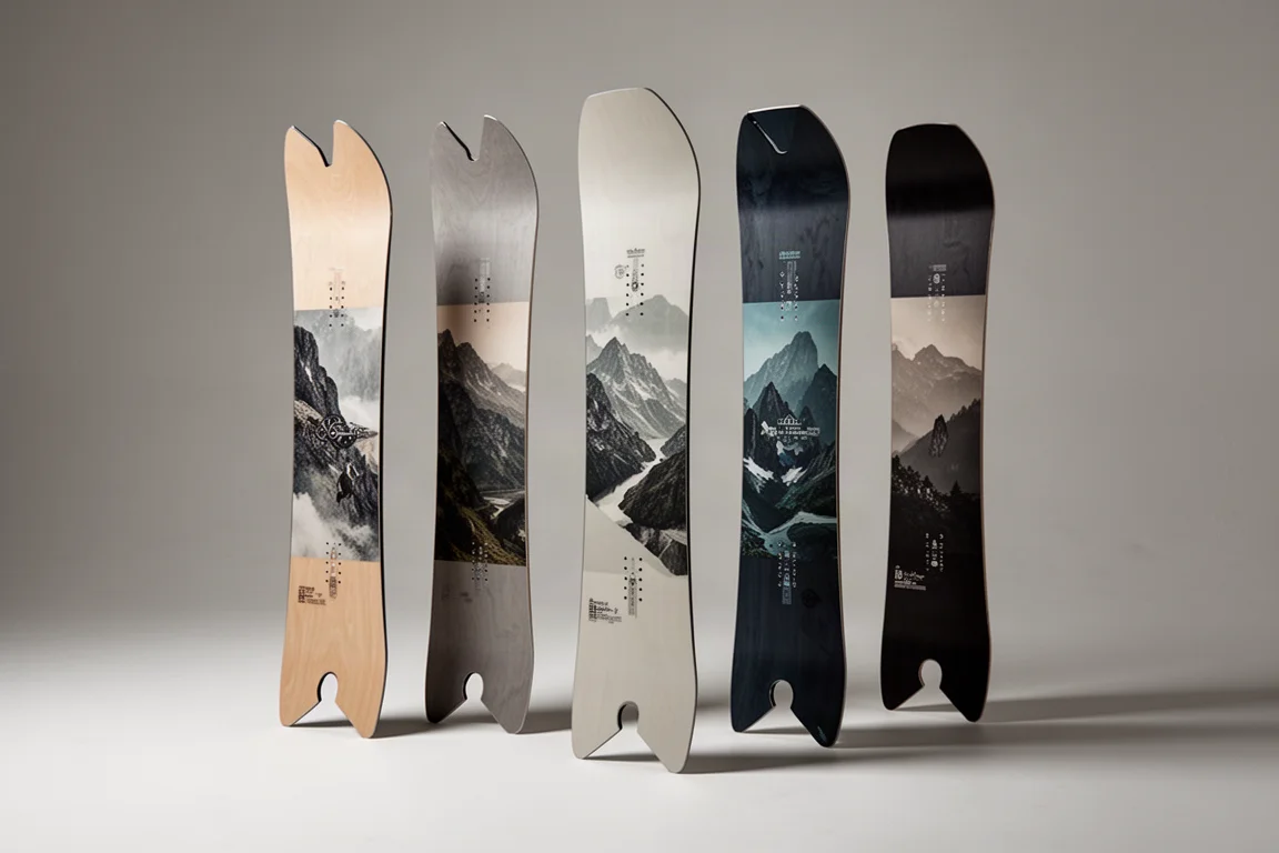 Fünf Swallowtail-Snowboards stehen aufrecht vor einem neutralen Studiokulissen-Hintergrund