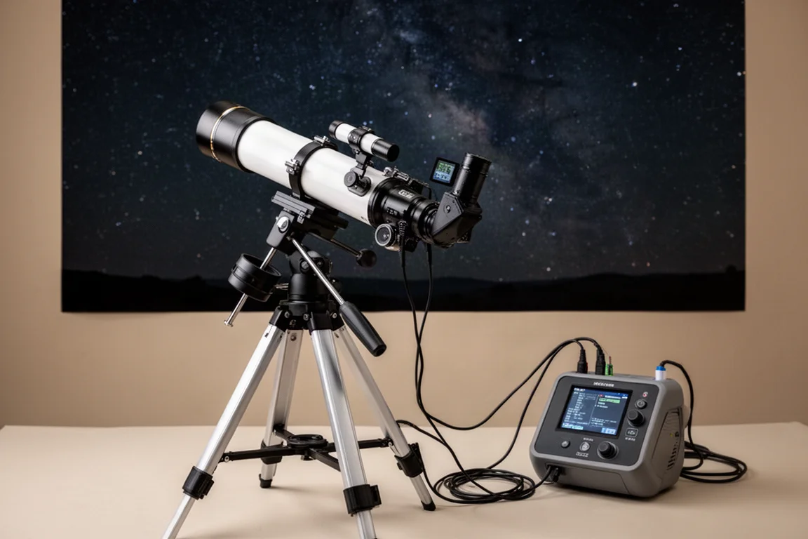 Astrofotografie-Setup mit Teleskop und Steuerzentrale unter dunklem Himmel