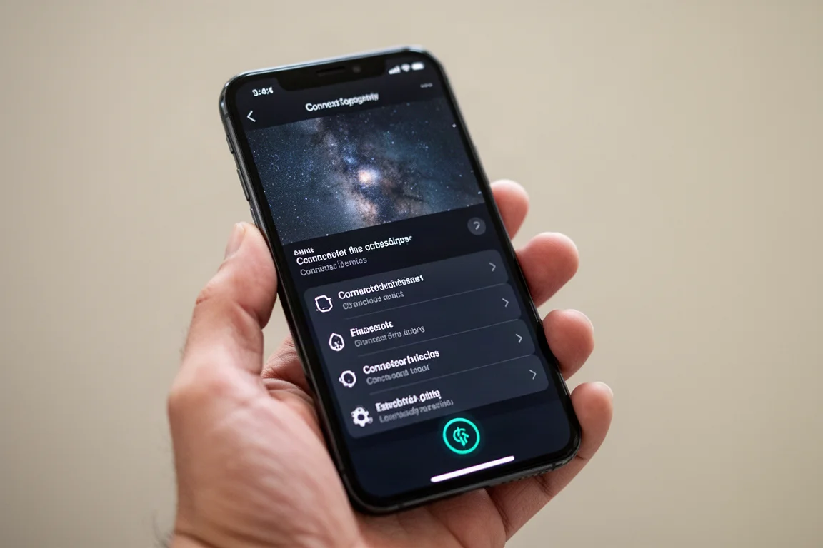 Smartphone-Bildschirm mit der Stella-2.0-App-Oberfläche und Geräteverbindungsmenü