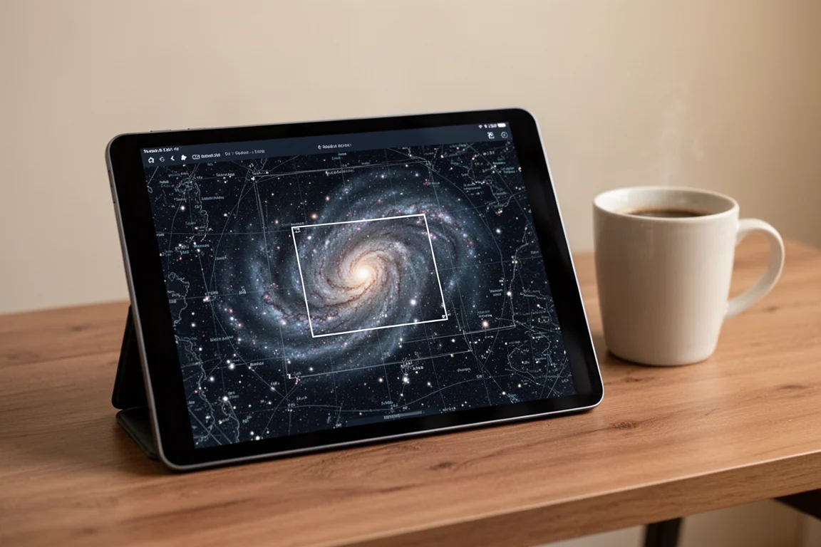 Astrofotografie-App mit einem Sternatlas, ausgewähltem Ziel und Einrahmungsrechteck
