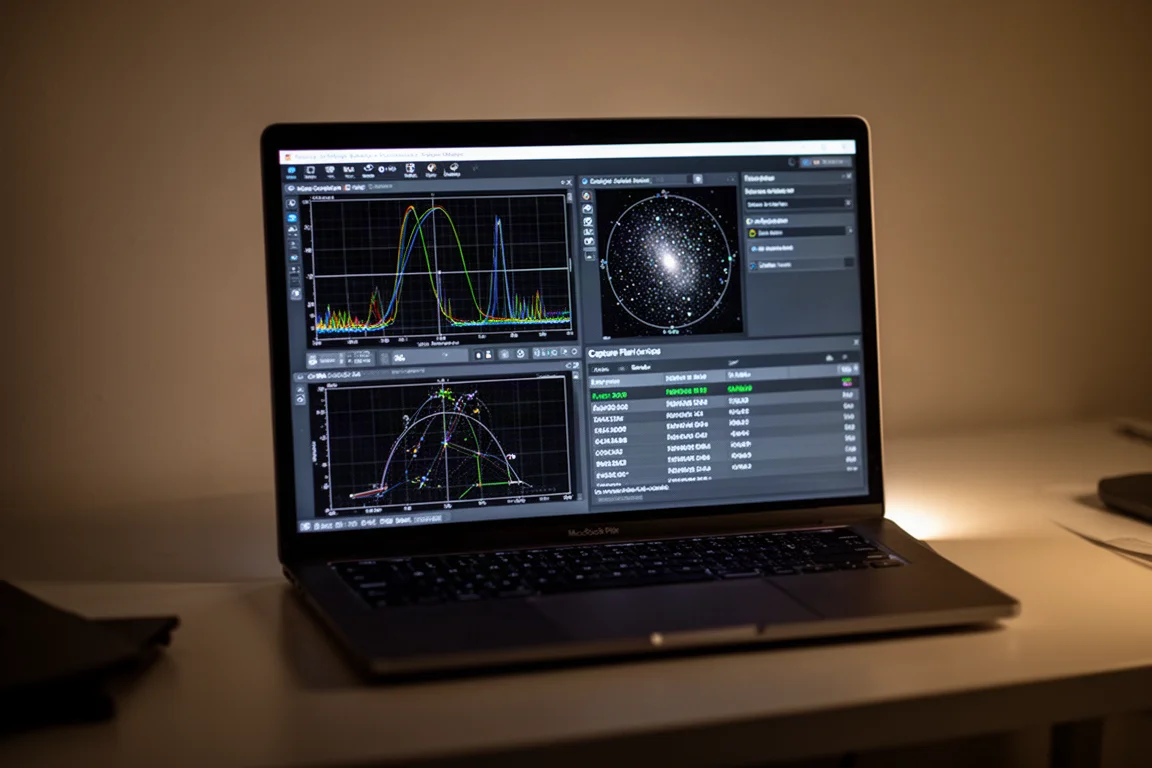 Astrofotografie-Sitzung auf einem Laptop mit sichtbarem Leitdiagramm und Aufnahmeplan