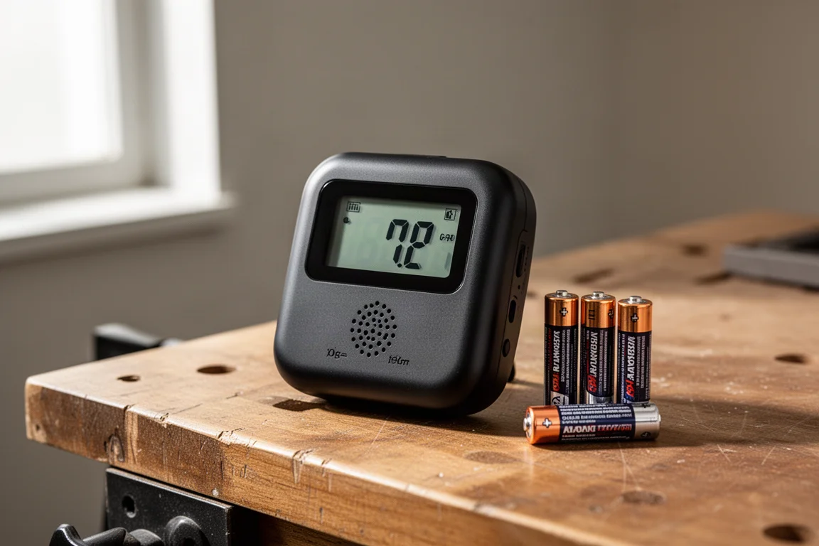Rilevatore portatile di monossido di carbonio con display digitale su un banco di lavoro accanto a batterie AAA