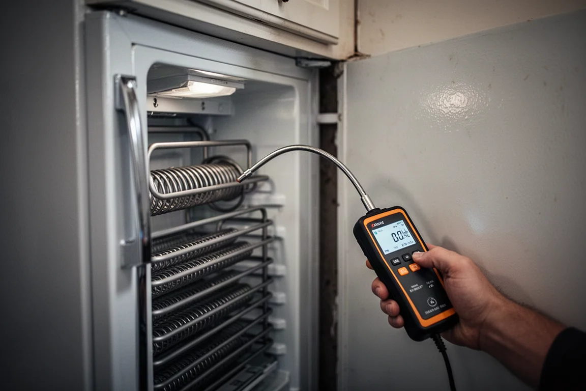 Sensor de refrigerante portátil com sonda em pescoço de ganso flexível próximo à área do compressor de uma geladeira