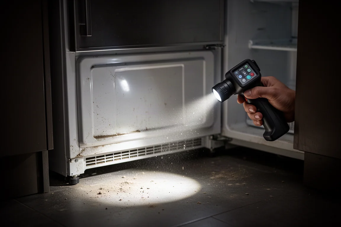 Lanterna embutida no detector iluminando o espaço escuro atrás de uma geladeira