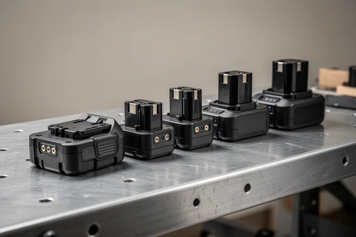 Batteries de différentes tailles alignées sur un établi de travail