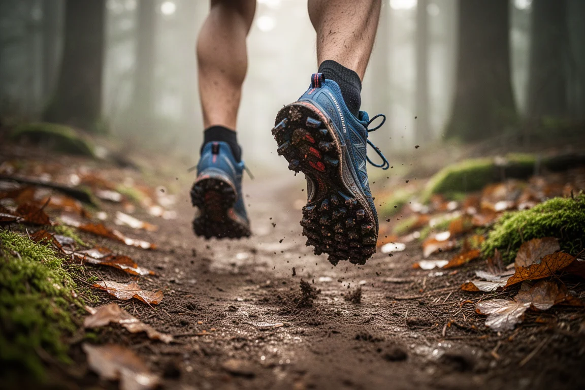 Trailrunningschuhe auf einem matschigen Waldweg im weichen Morgenlicht