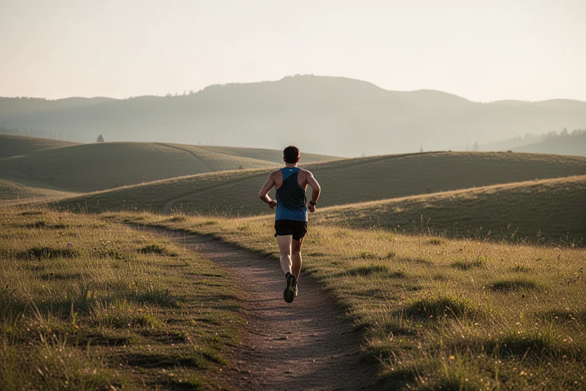 Läufer auf einem welligen Singletrail zur goldenen Stunde
