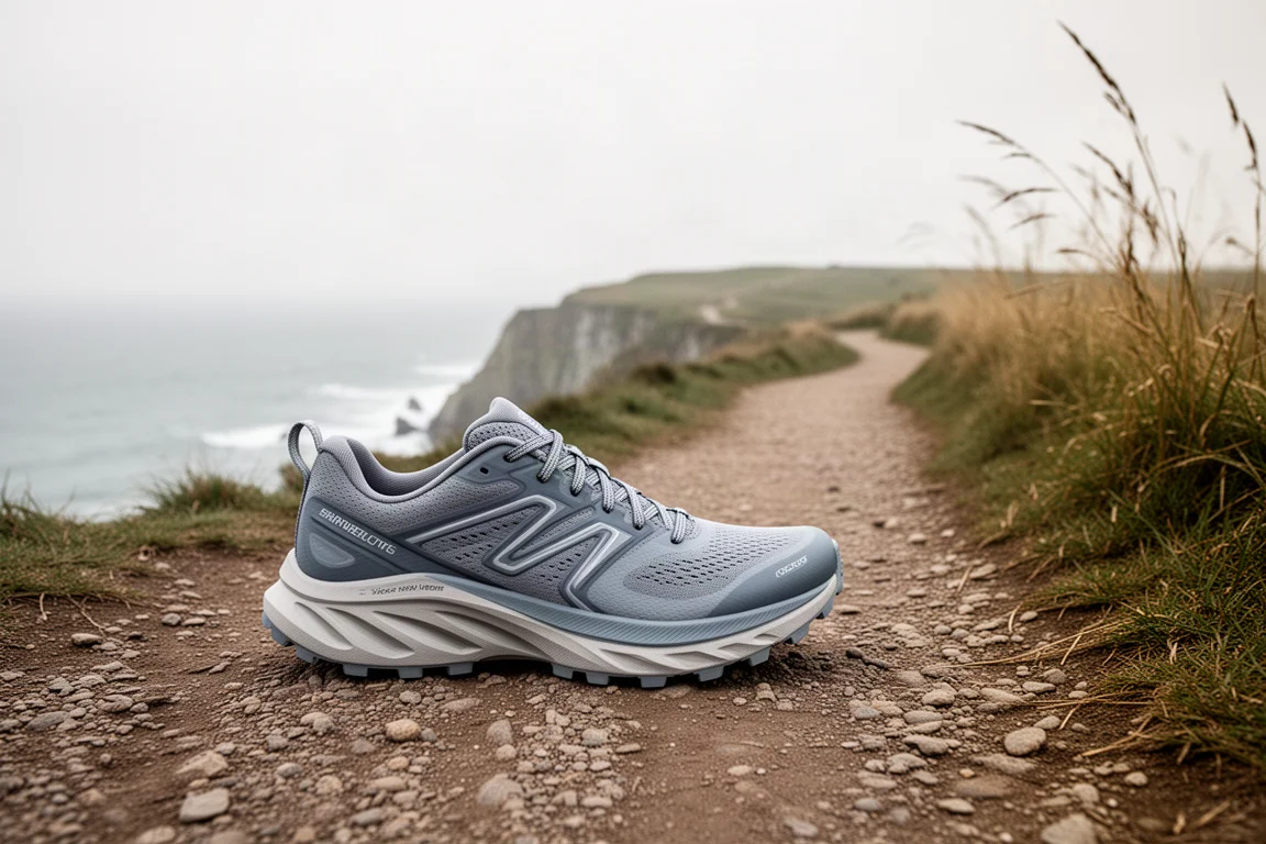 Maximal gedämpfter Trailschuh auf einem Kiesweg mit Blick auf die Küste
