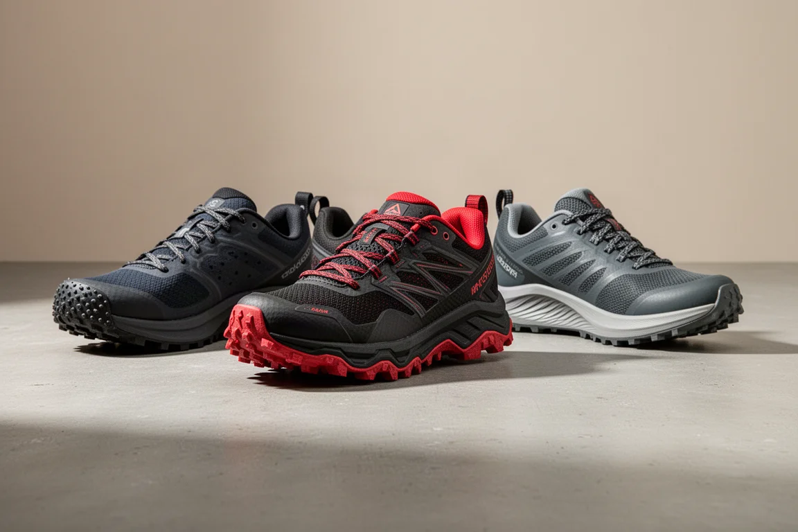 Tre scarpe da trail running allineate su una superficie di cemento opaco