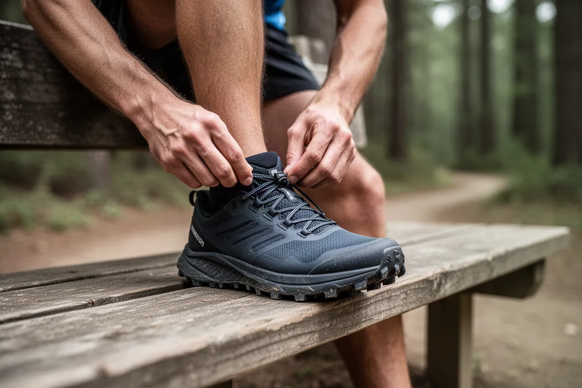 Corredor de trail ajustando o sistema de cadarço do tênis em um banco de madeira