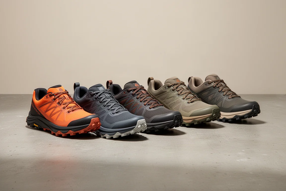 Six trail running shoes with rugged outsoles lined up on a concrete surface