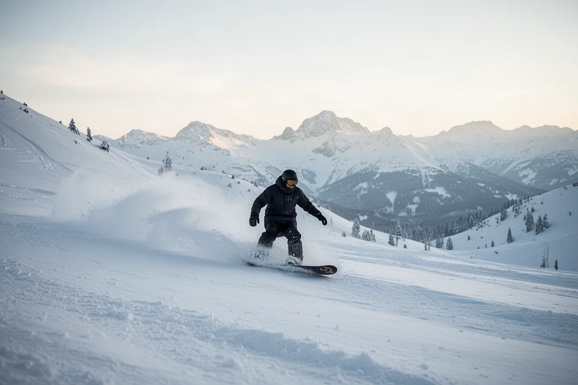 Snowboarder carving through fresh powder on a sunny mountain slope