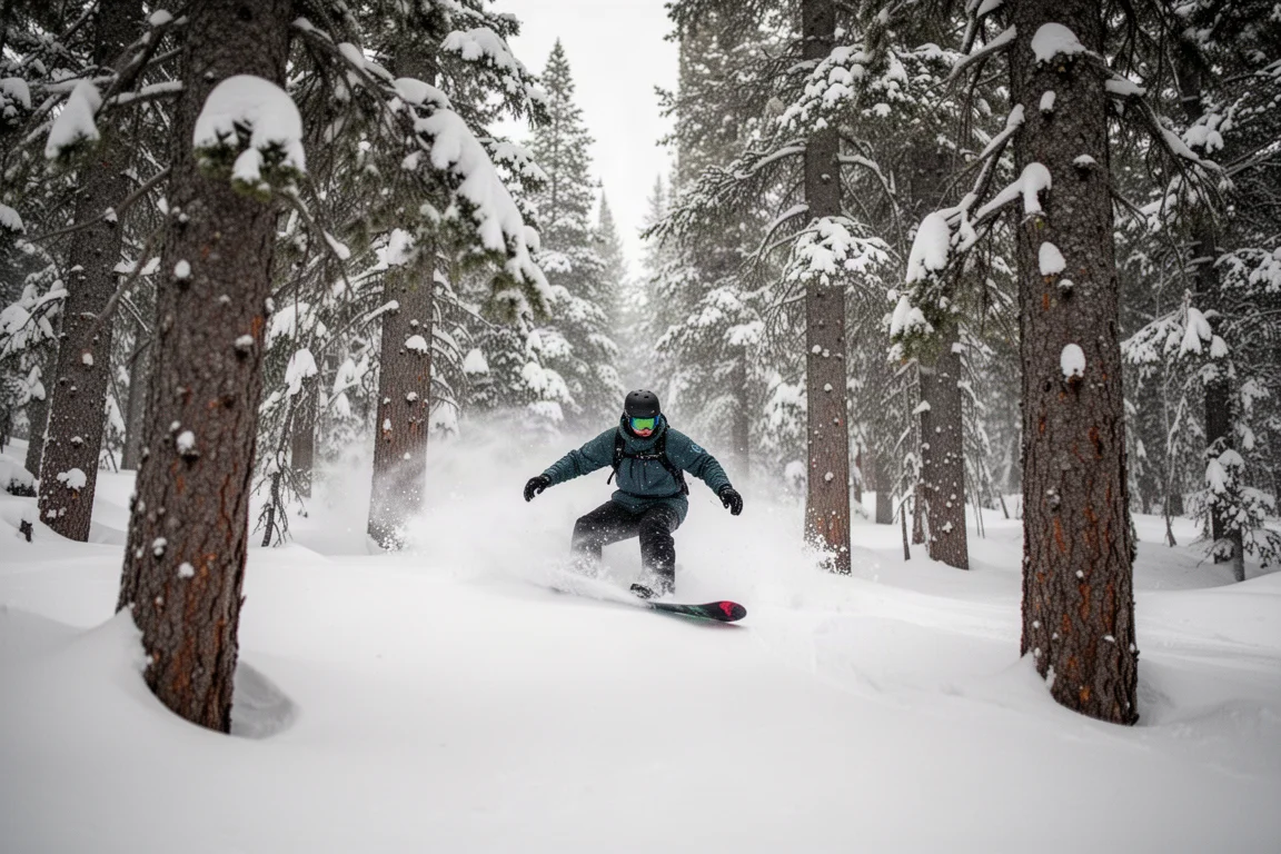 Snowboarder riding through gladed trees on a powder day