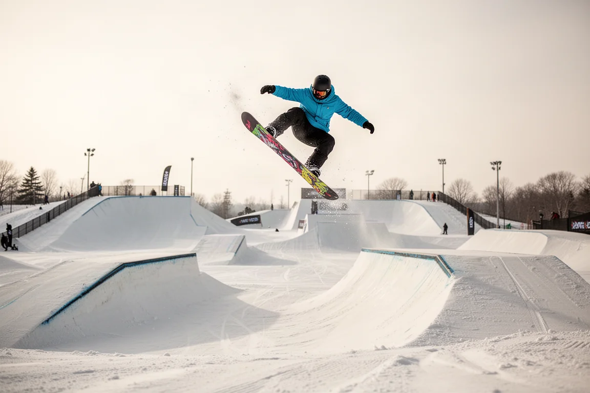 Snowboarder performing a freestyle trick in a terrain park