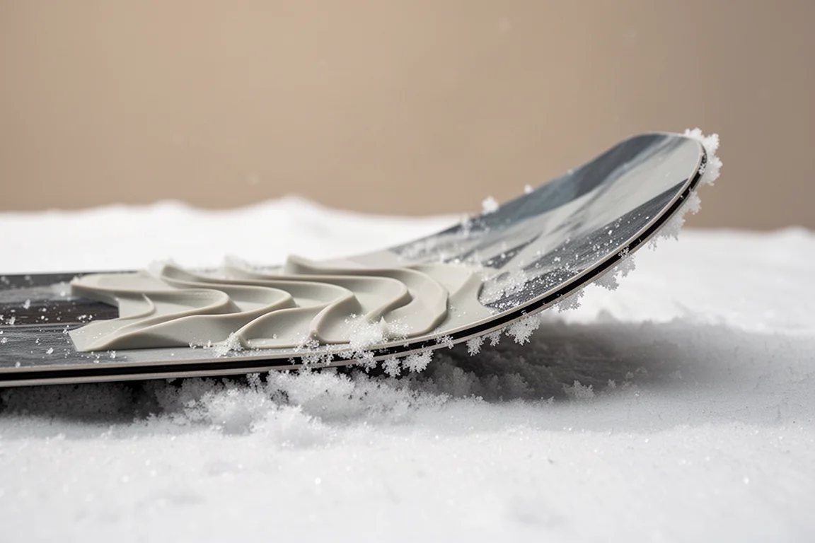 Close-up of a snowboard base and tail on fresh snow