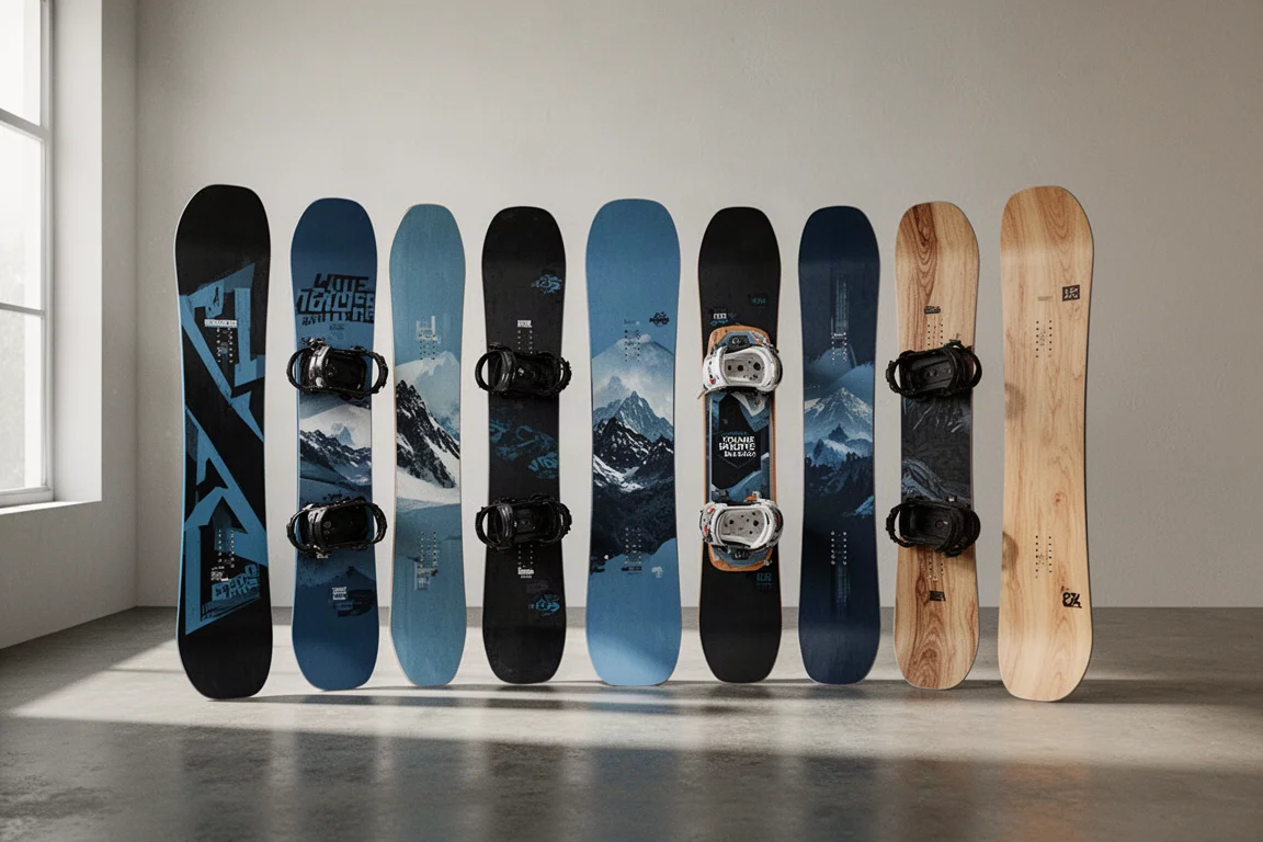 Eight snowboards standing upright in a row on a studio concrete floor