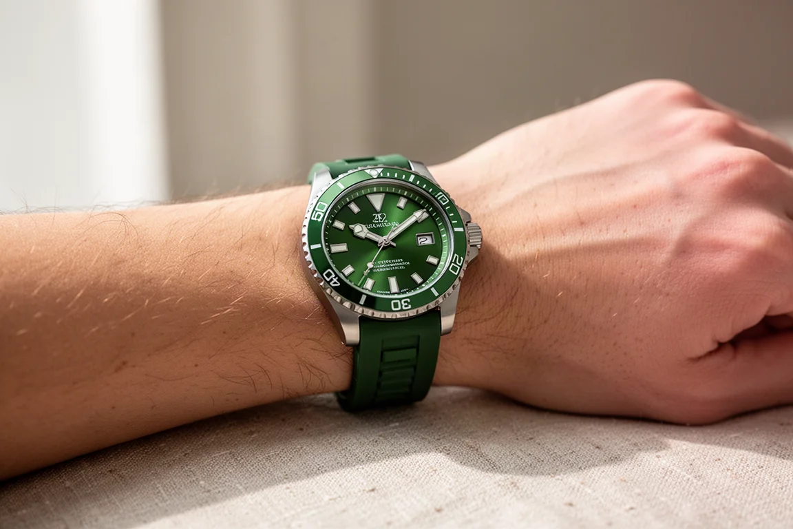 Wrist shot of a green dial dive watch with titanium case on a rubber strap