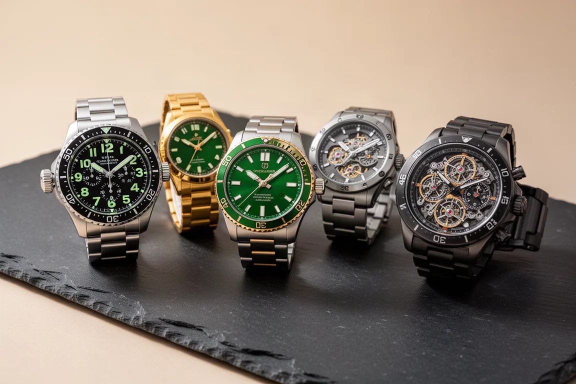 Selection of luxury wristwatches arranged on a dark slate surface