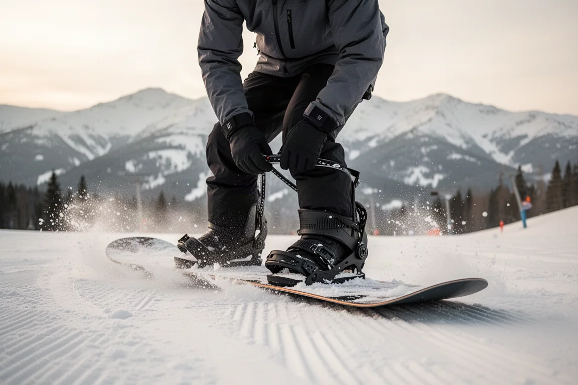 Snowboarder die zich vastmaakt in bindigen op een besneeuwde helling in zacht ochtendlicht