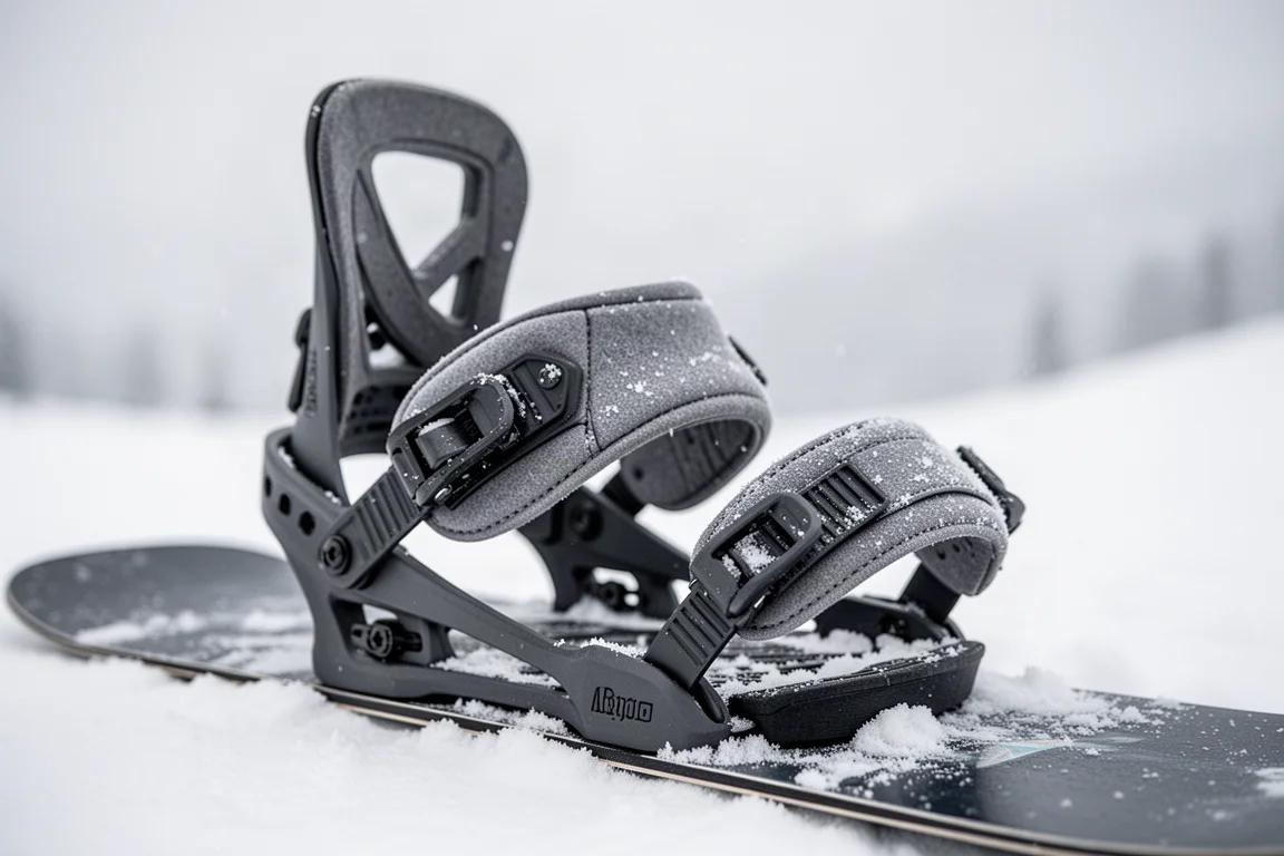 Close-up van de highback en ratchetstrap van een snowboardbinding in de sneeuw