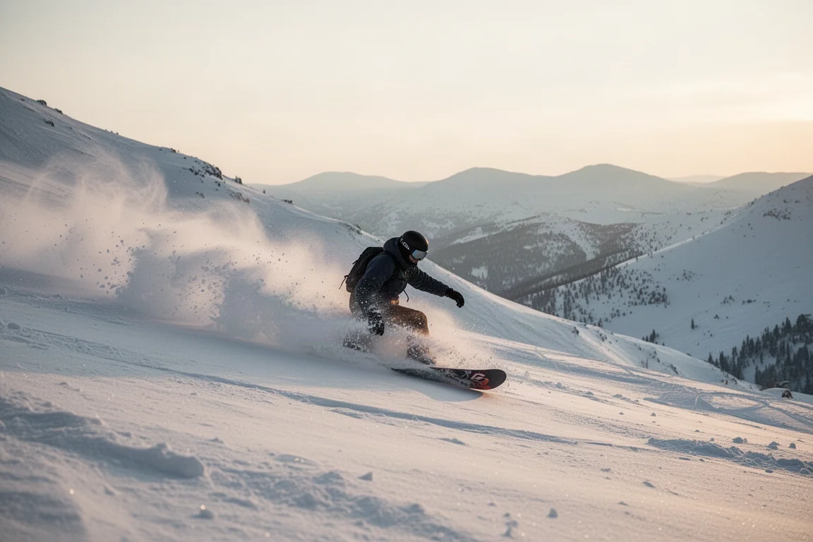Snowboarder die door poedersneeuw carveert met sneeuwspuitbui in de schemering