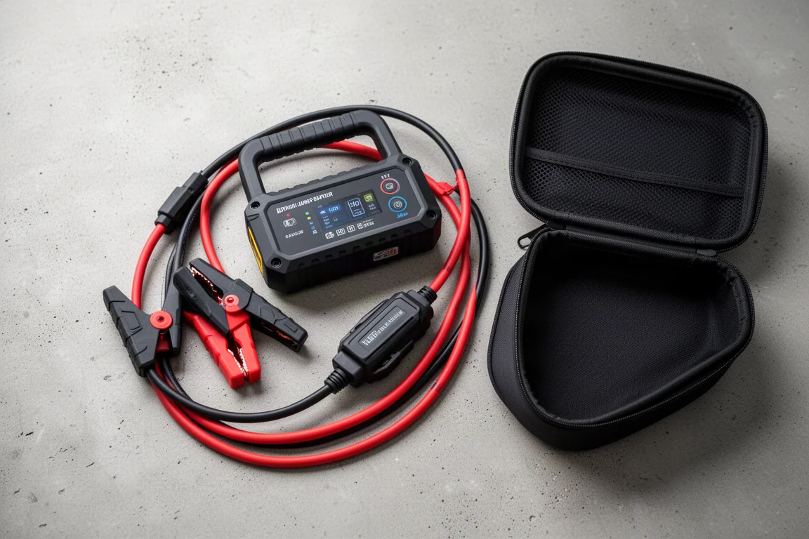 Booster de démarrage portable avec ses accessoires disposés dans une housse de transport zippée
