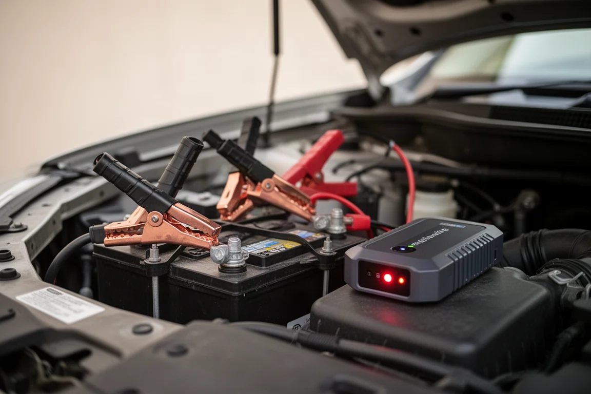 Booster branché sur une batterie de voiture avec les pinces fixées, voyant de prêt allumé