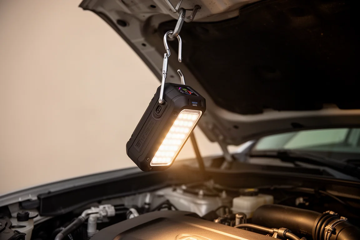 Booster suspendu au loquet d'un capot de voiture par son crochet, lampe de travail LED allumée