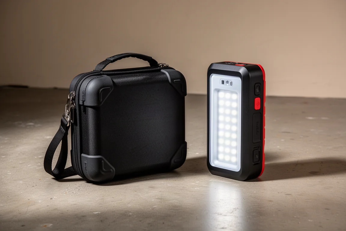 Two portable jump starters side by side on a concrete garage floor