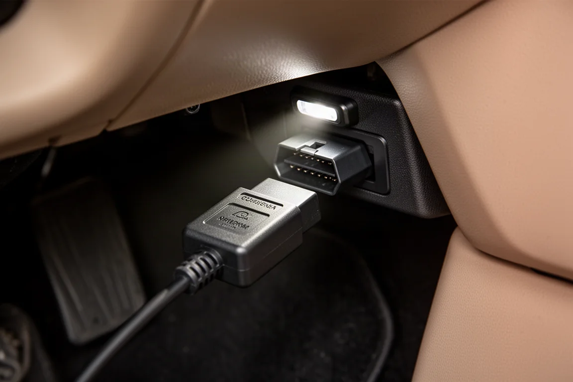 Skaner diagnostyczny OBD2 podłączony do gniazda pod deską rozdzielczą samochodu, z małą lampką oświetlającą okolicę