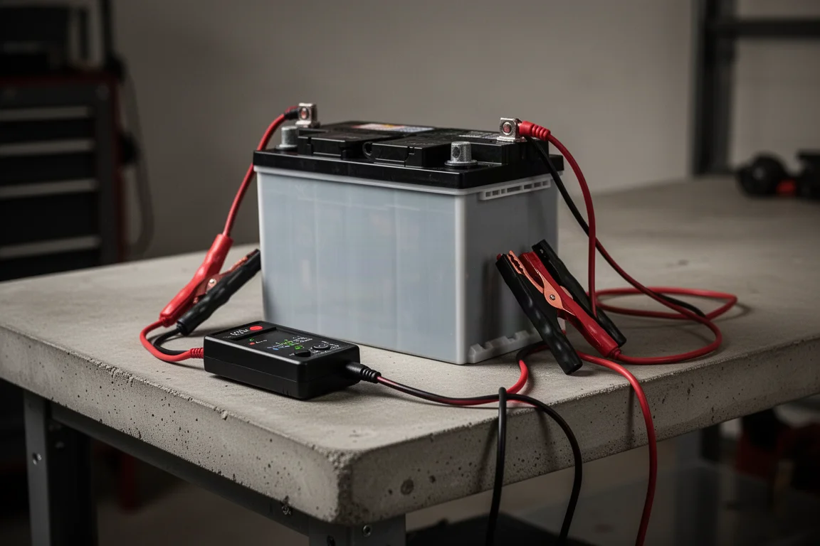 Ett urladdat 12-voltsbatteri anslutet till en testare på en garagebänk