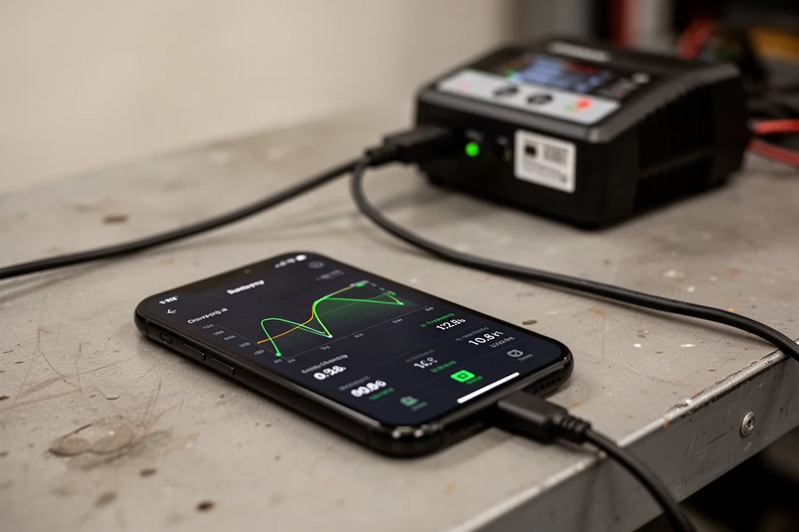 Appskärm på smartphone som visar batteritestresultat under laddning