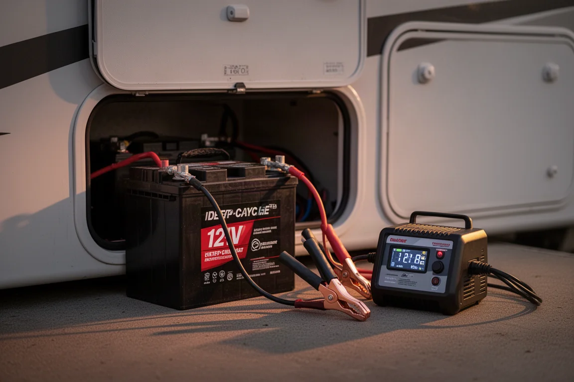 Batteriutrymme i husbil med ansluten laddningsutrustning