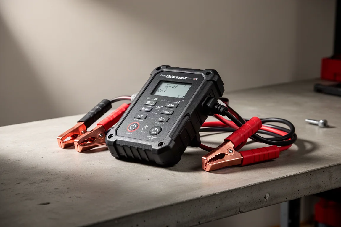 Unità tester e caricabatterie Topdon con cavi a pinza su una panca da garage