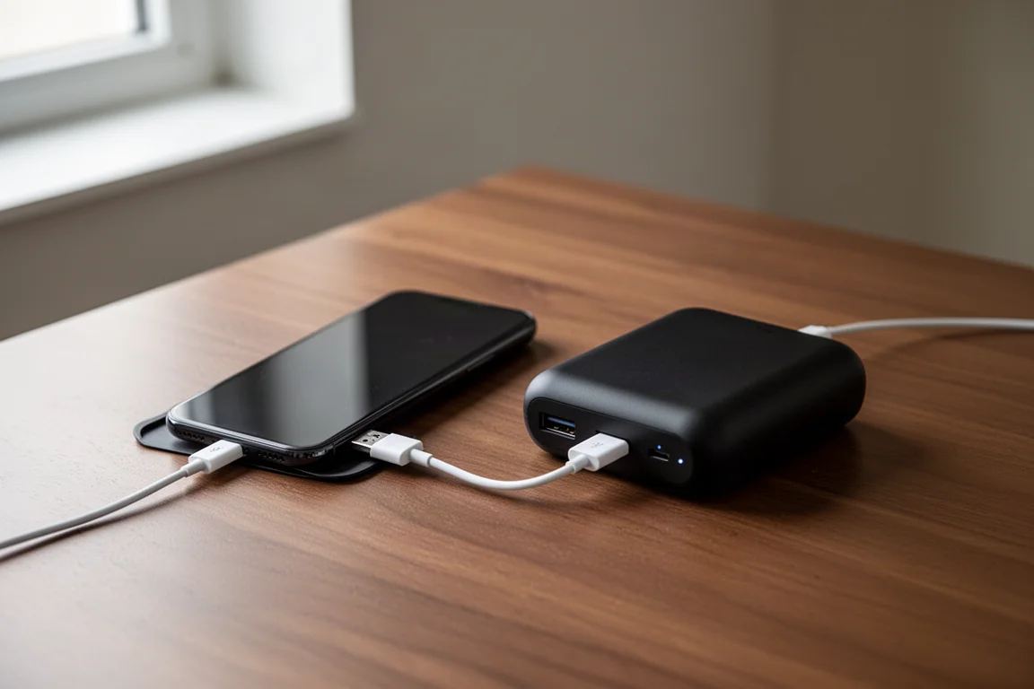 木質桌面上,智慧型手機透過 USB 線由可攜式行動電源充電
