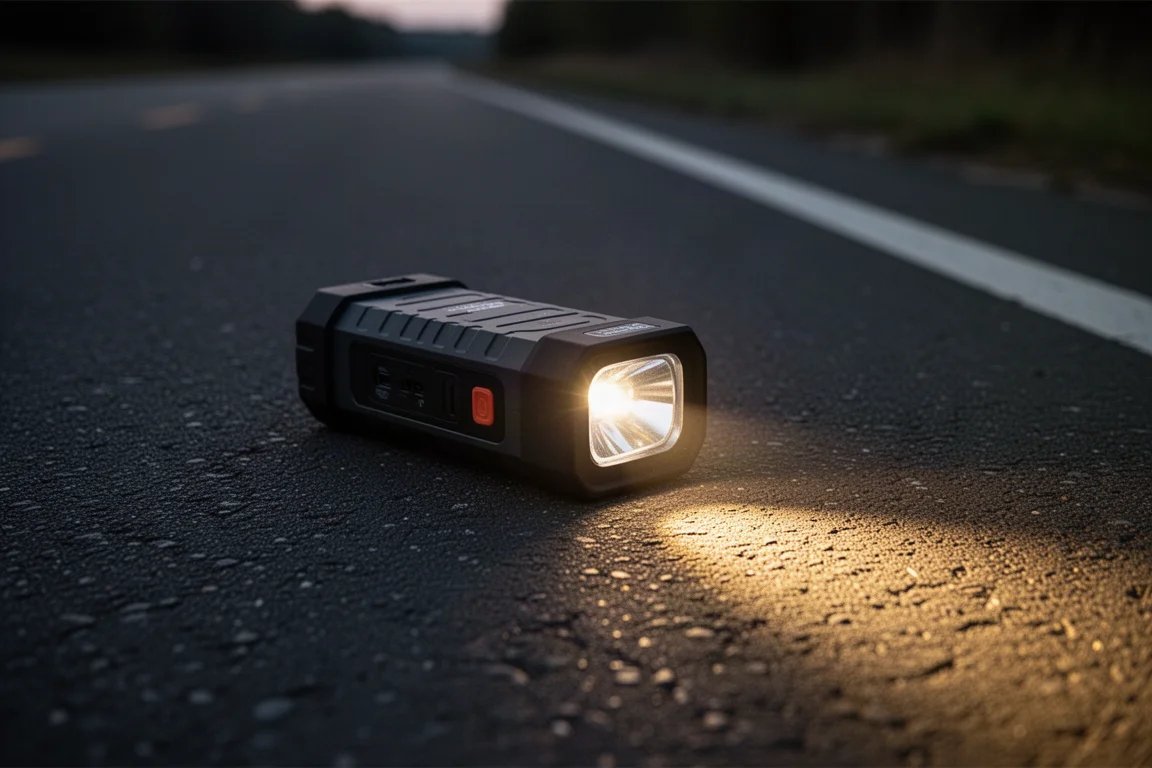行動電源內建 LED 手電筒在夜晚路邊投射出光束