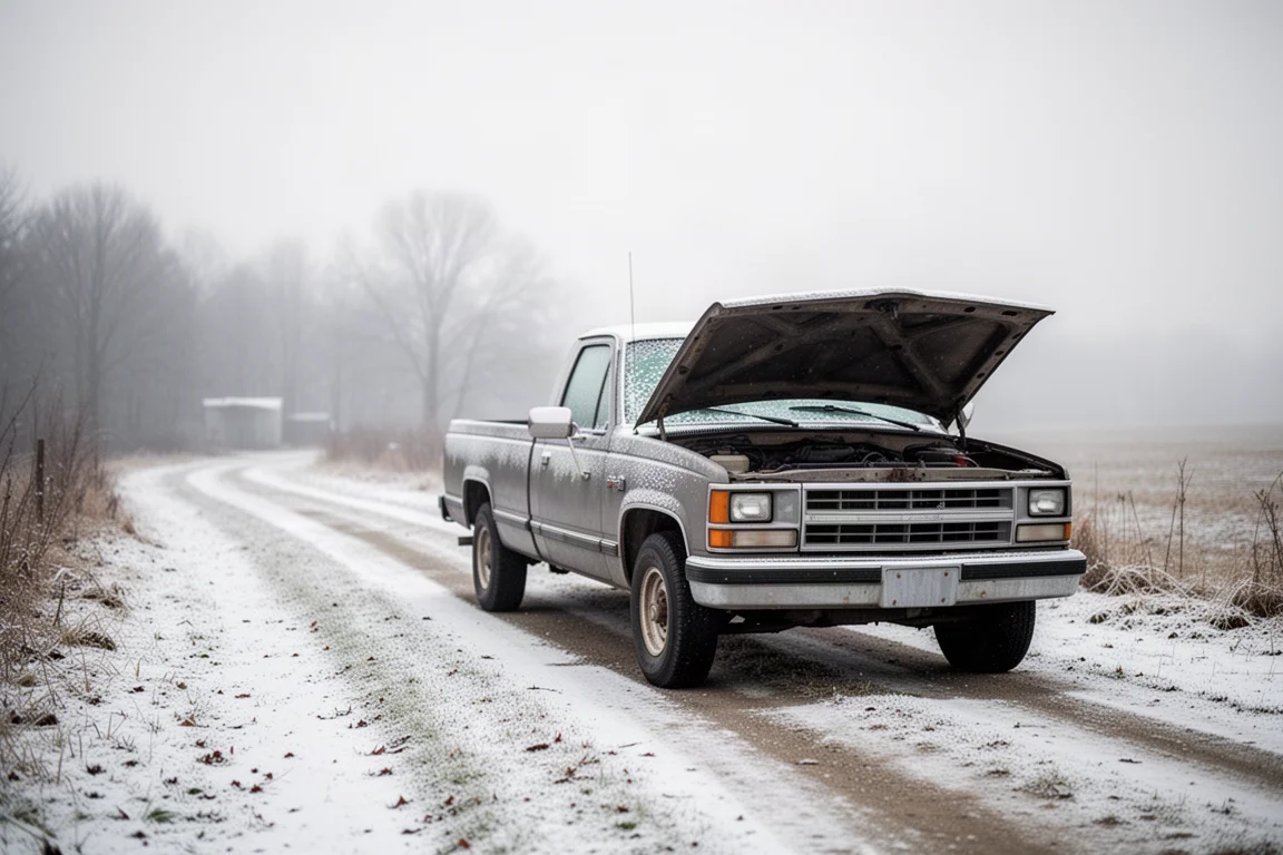 Capó de un coche abierto en una entrada rural nevada en condiciones de congelación matutina