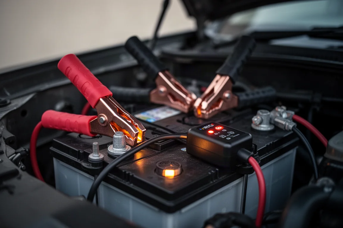Primer plano de las pinzas de arranque conectadas a la batería de un coche con poca luz en el vano motor