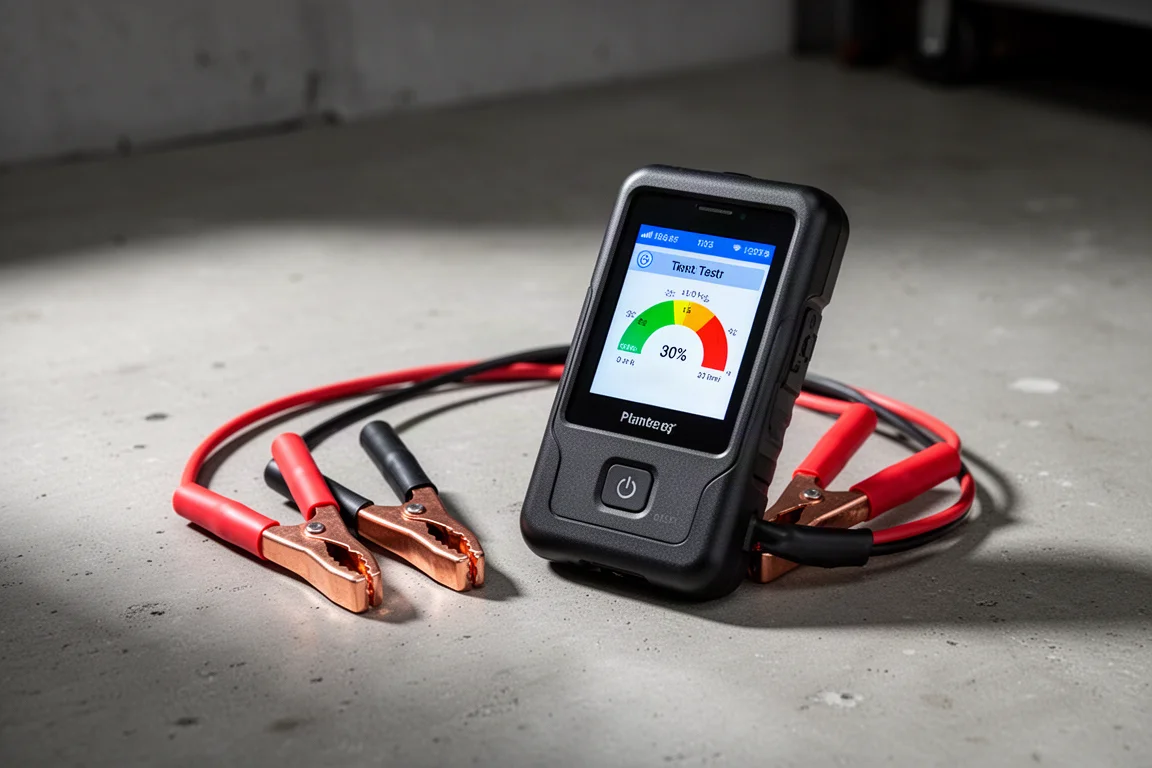 Compact handheld battery tester with color-coded clamps on concrete surface