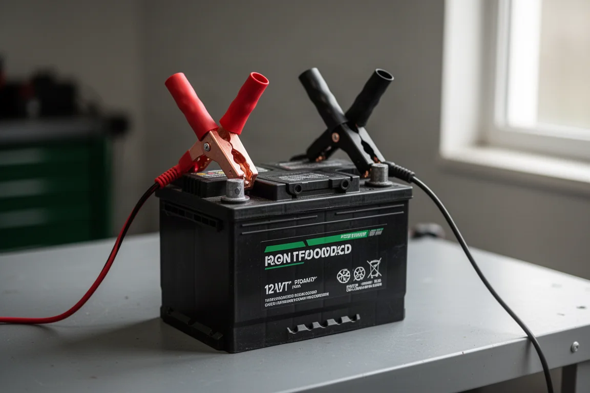 Ladegerät-Klemmen an den Polen einer Autobatterie angeschlossen