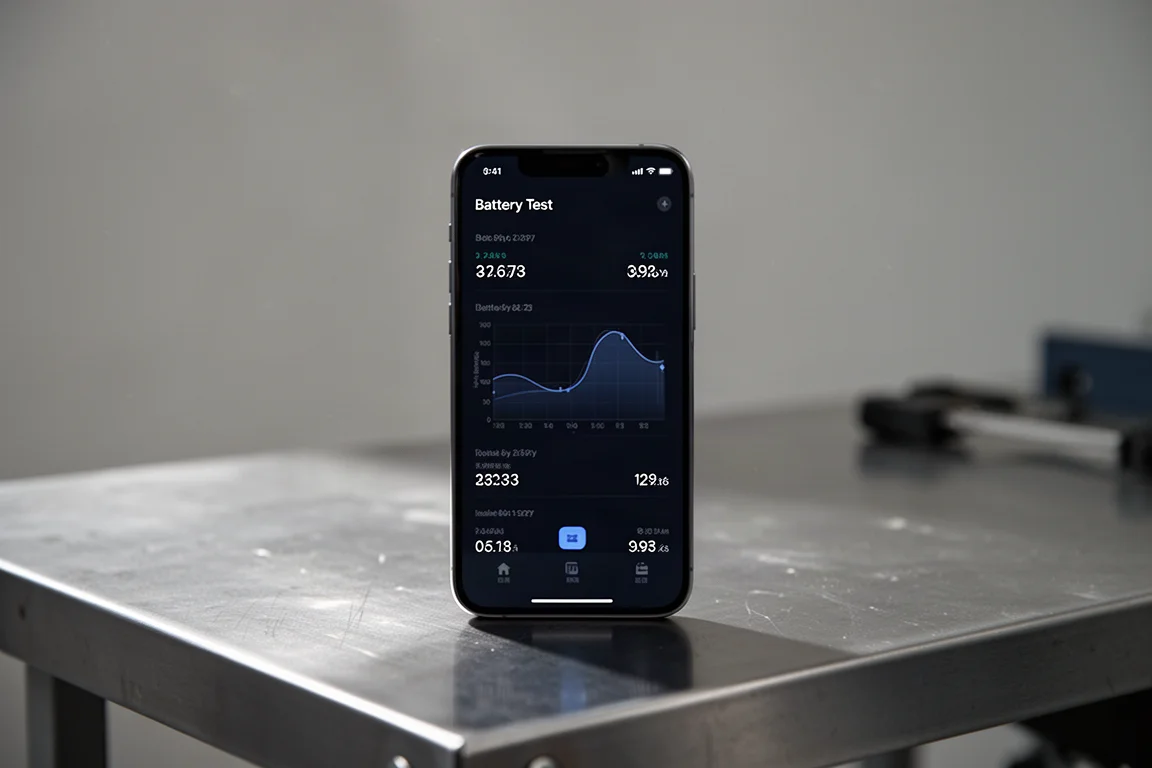 Smartphone mit Batterietestdaten, Spannungs- und Widerstandswerten