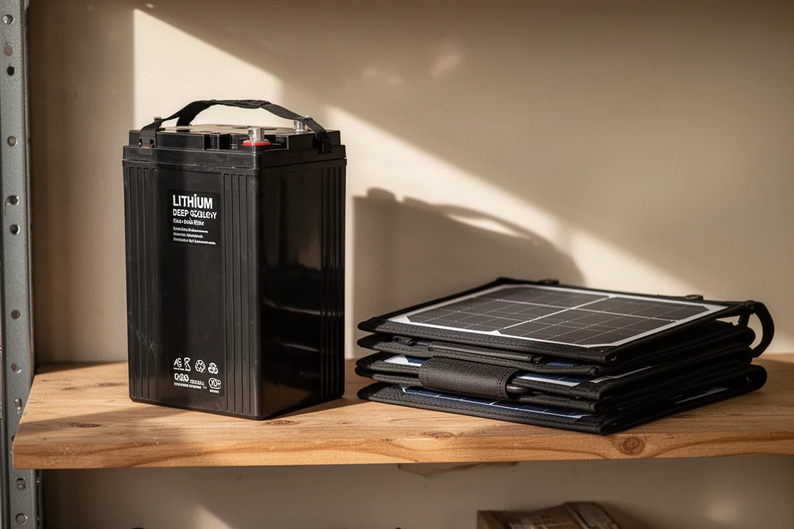 Werkstattregal mit einer Lithium-Deep-Cycle-Batterie für Wohnmobile und Solaranlagen