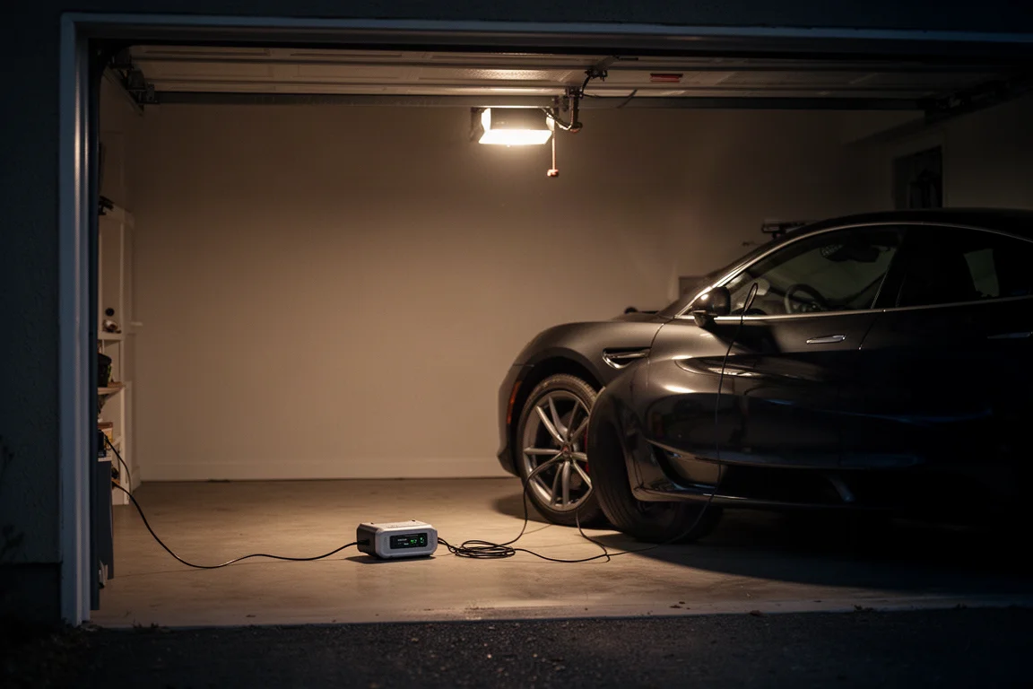 Lade-Setup in der Heim Garage bei Nacht mit zeitgesteuertem Laden im Blick