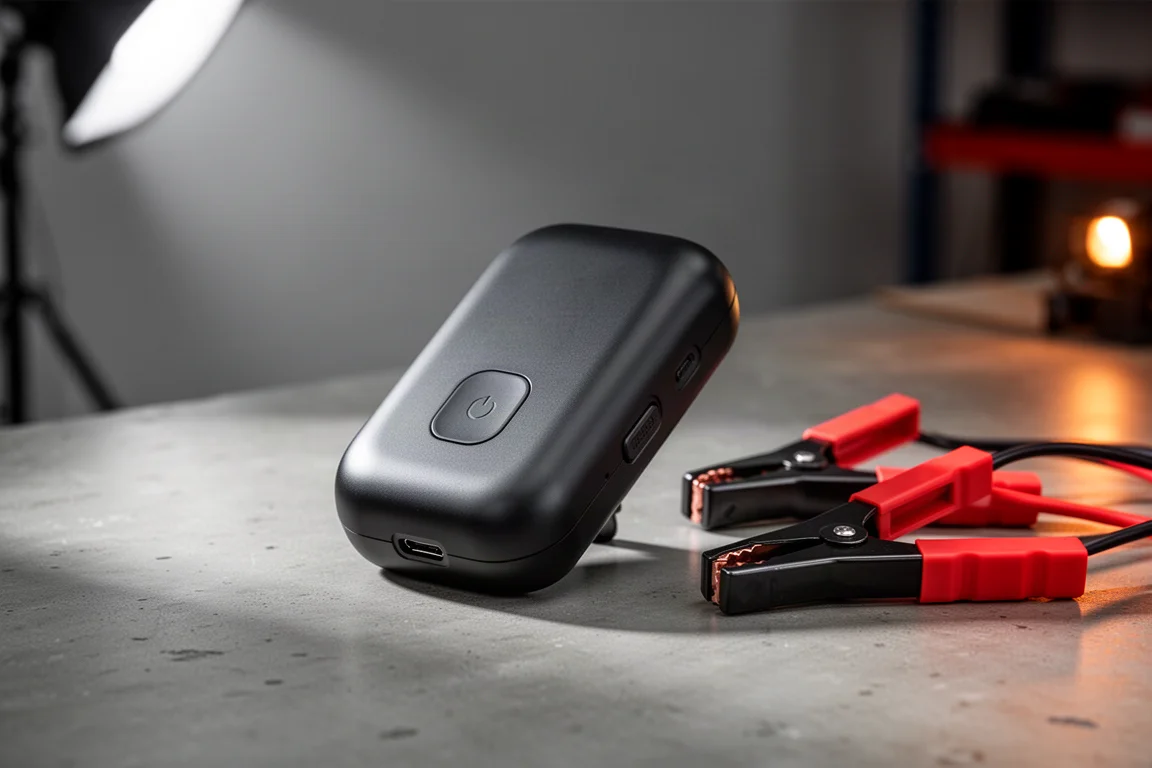 Compact black smart battery charger on a concrete surface with battery clamps
